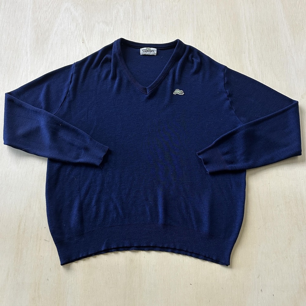 Vintage Garan Sweater Mens Large Blue V Neck Tight Knit Lightweight Pullover USA